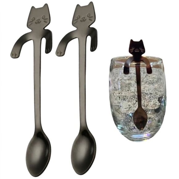 Cat Spoons Tea Spoons Stirrers Cup Hugging Kitty Cats Stainless Black 2 PC Set - Picture 1 of 14